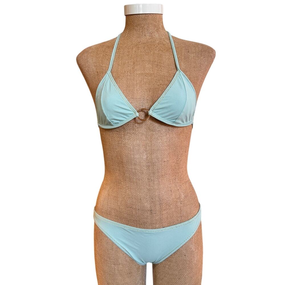 Chanel Mint Green Gold Ring Triangle Halter Bikini Bathing Swim Suit Sz 38 US 6